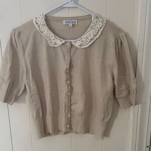 Joseph A Tan Cardigan with Lace Collar
